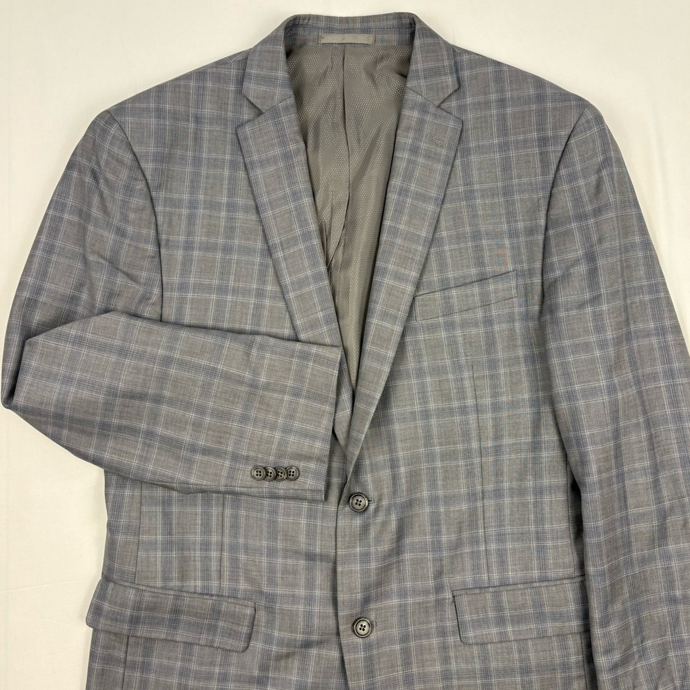 Tallia/Ticknors Wool Sport Coat 44R Gray Glen Plaid w/Blue Windowpane Plaid EUC